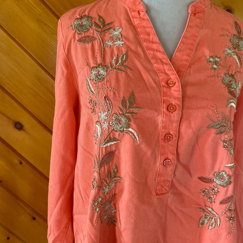 Coral Pink Floral Embroidered Tunic Top Cotton Lyocell Long Roll Tab Sleeve